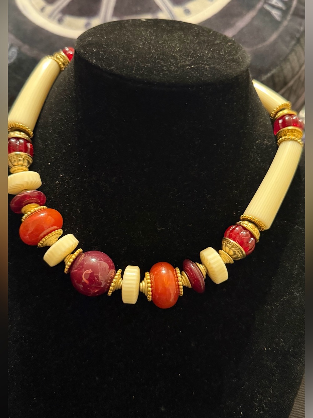 Vintage Style Chunky Statement Necklace Red Orange Cream Gold Tone Beaded Boho